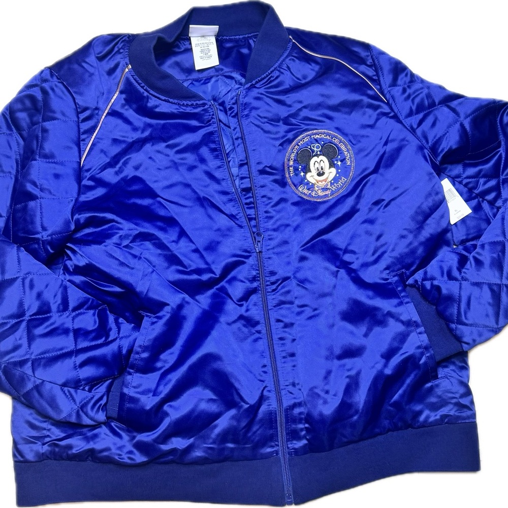 NWT Disney Parks 50th Anniversary Blue Satin Bomber Jacket Castle XL MK